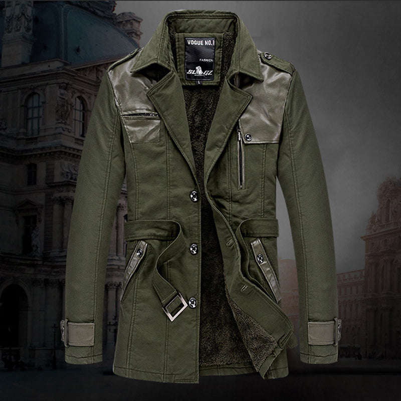 Men's Long Insulated Trench Coat with Waist Belt