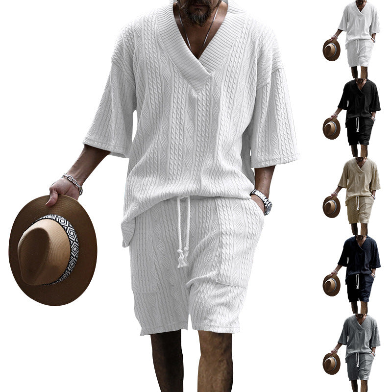 Men's Stylish Knit Shirt Set-White