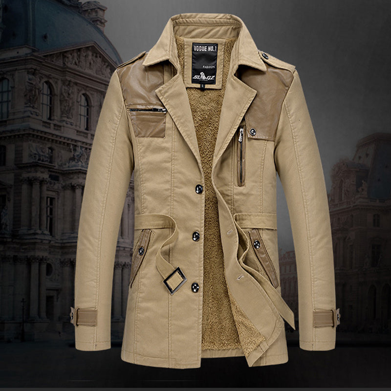 Men's Long Insulated Trench Coat with Waist Belt