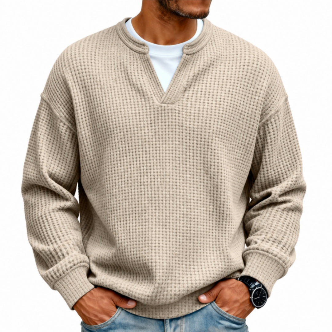 Men’s Waffle Knit Notch-Neck Pullover Sweater