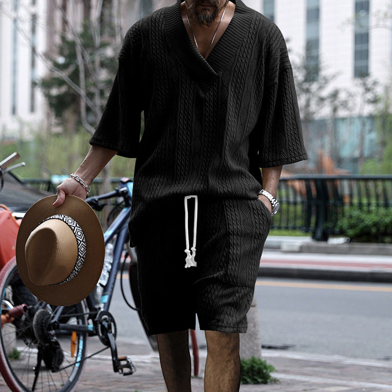 Men's Stylish Knit Shirt Set-Black