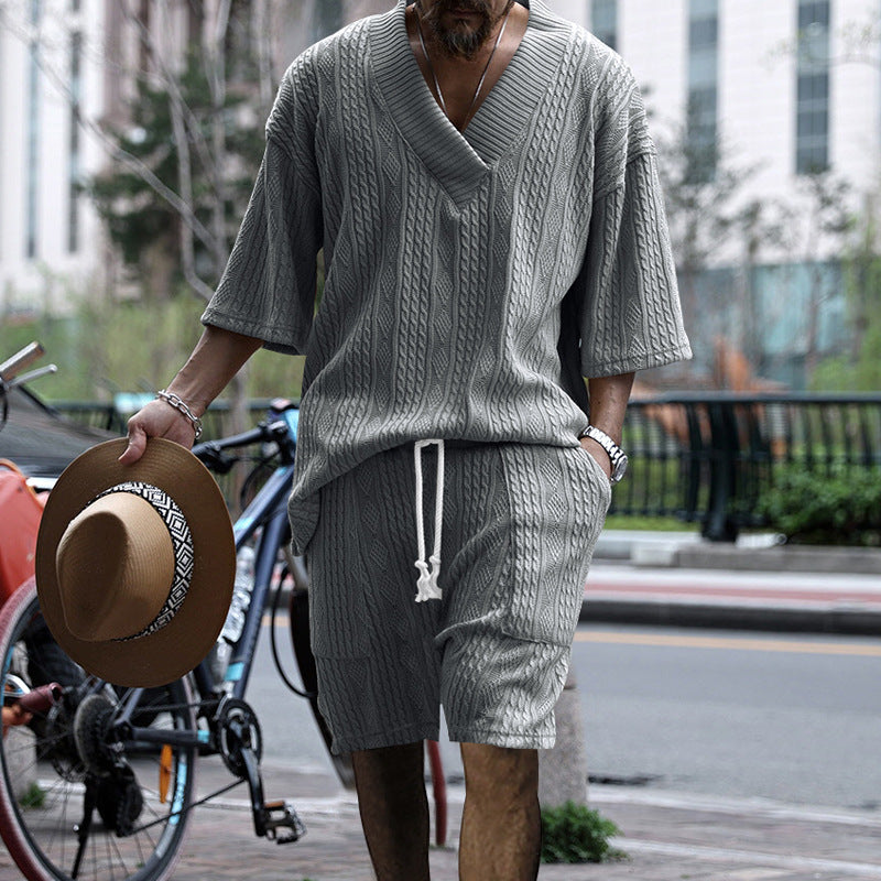 Men's Stylish Knit Shirt Set-Gray