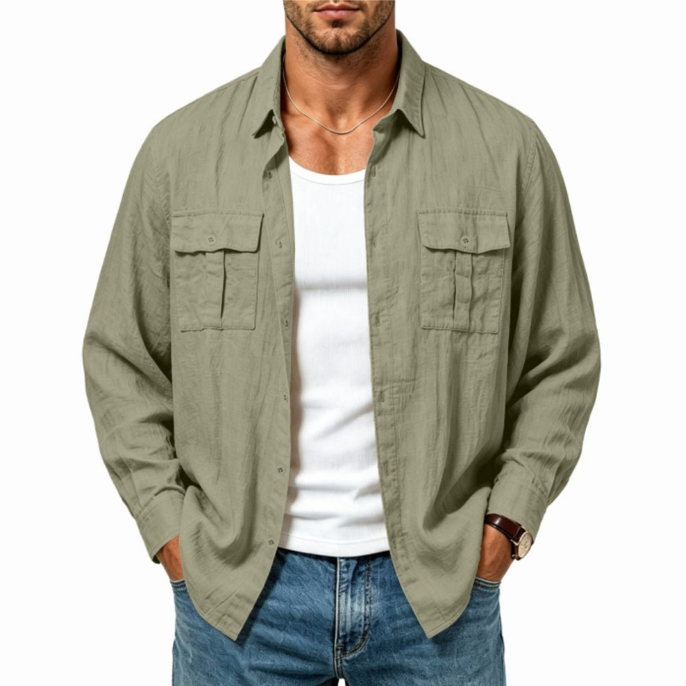 Herren-Leinen-Shirtjacke mit mehreren Taschen