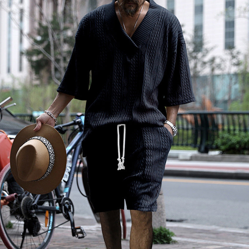 Men's Stylish Knit Shirt Set-Navy