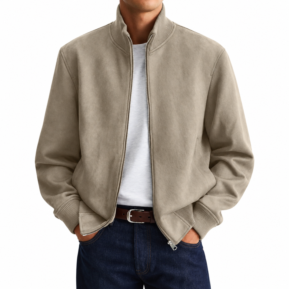 Men's Suede Stand Collar Zip-Up Jacket