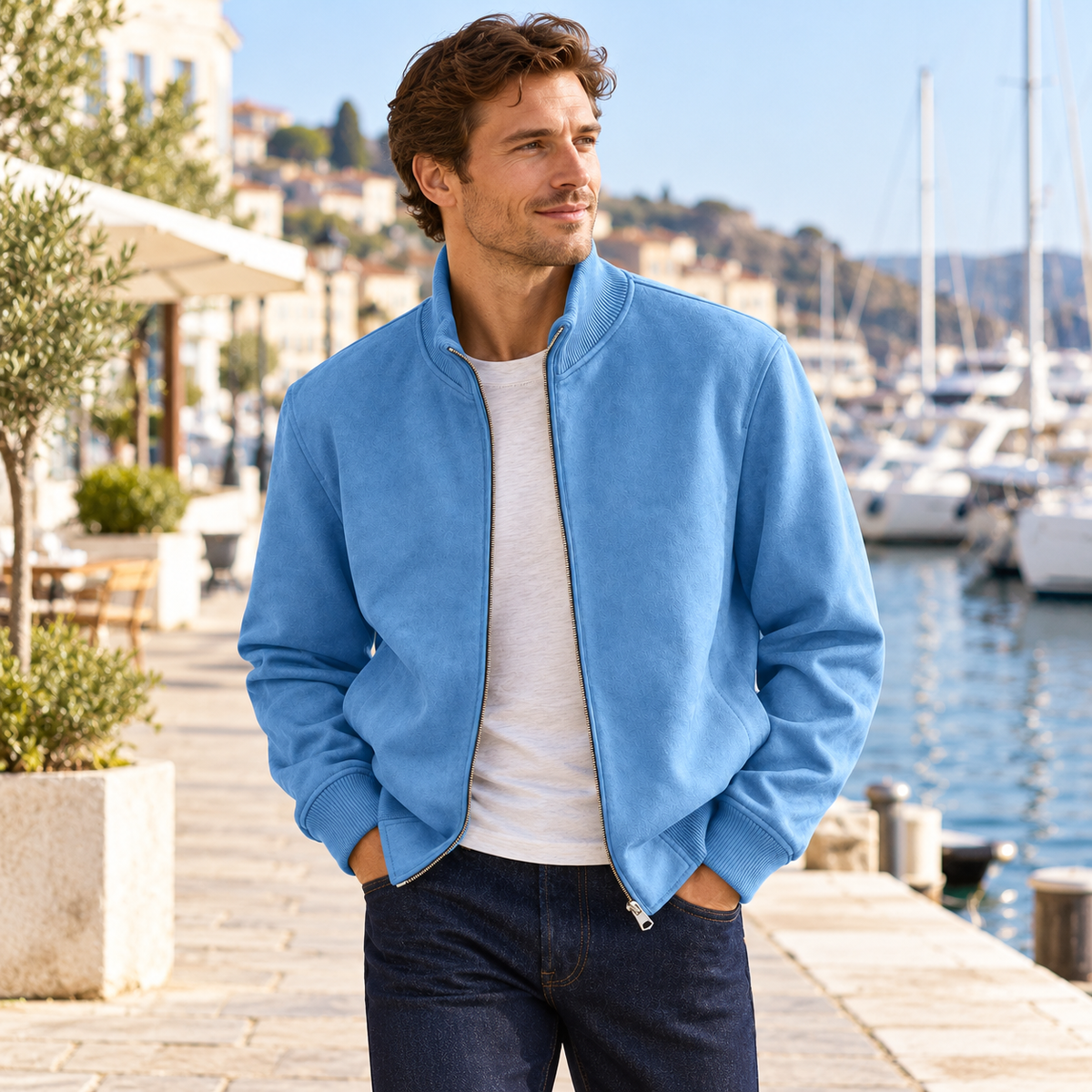 Men's Suede Stand Collar Zip-Up Jacket