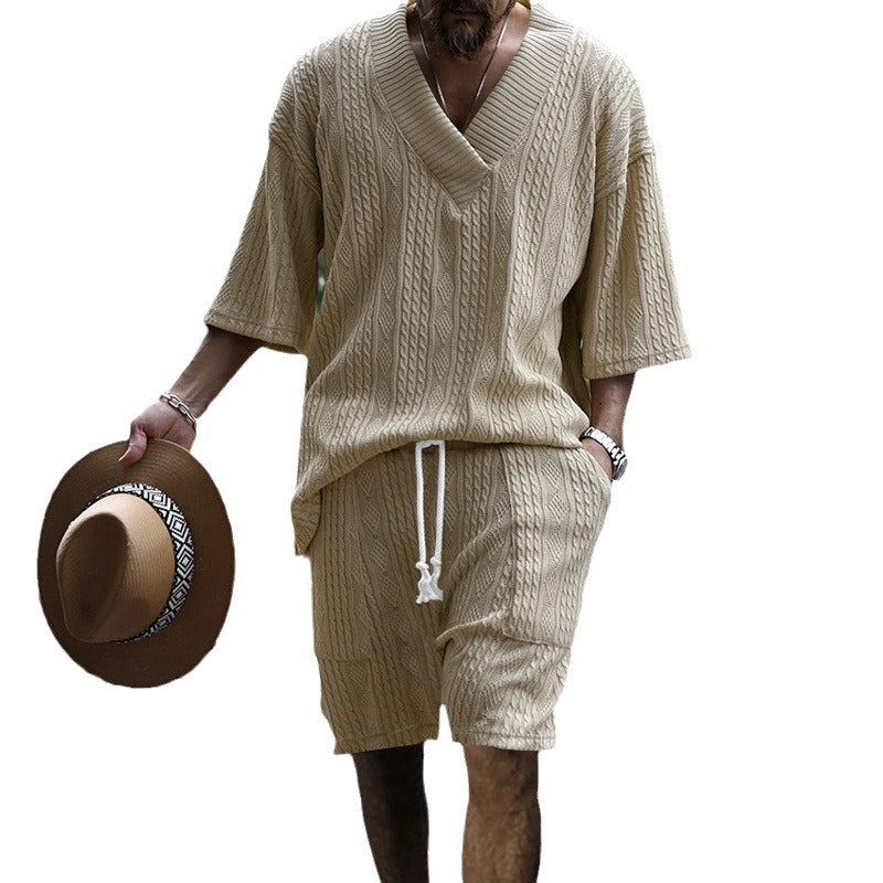 Men's Stylish Knit Shirt Set-Khaki