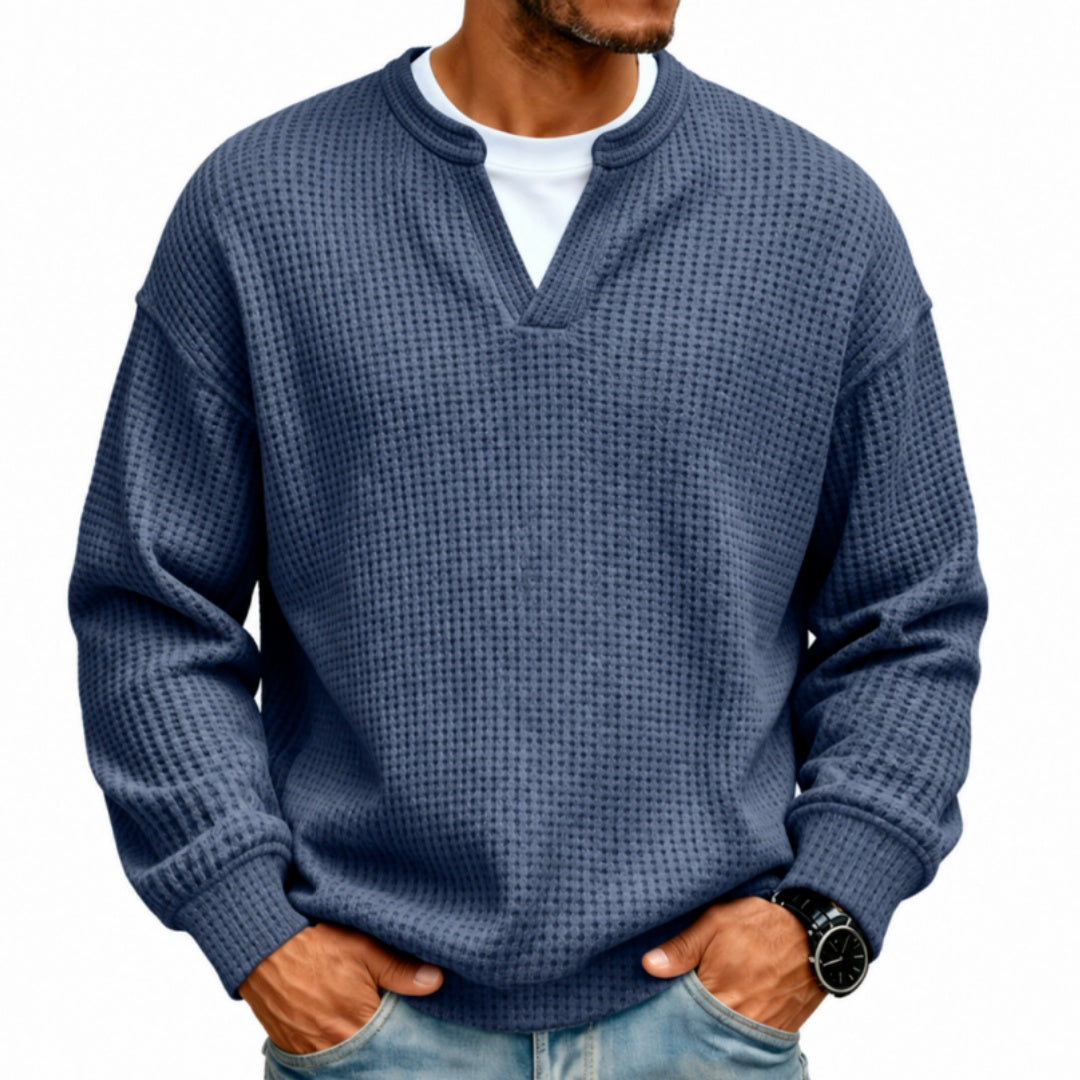 Men’s Waffle Knit Notch-Neck Pullover Sweater