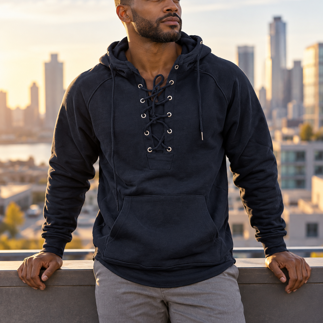 Men’s Oversized Vintage Lace-Up Hoodie