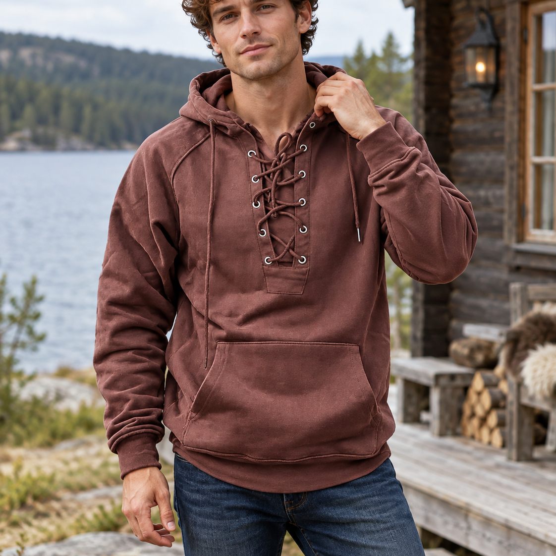 Men’s Oversized Vintage Lace-Up Hoodie