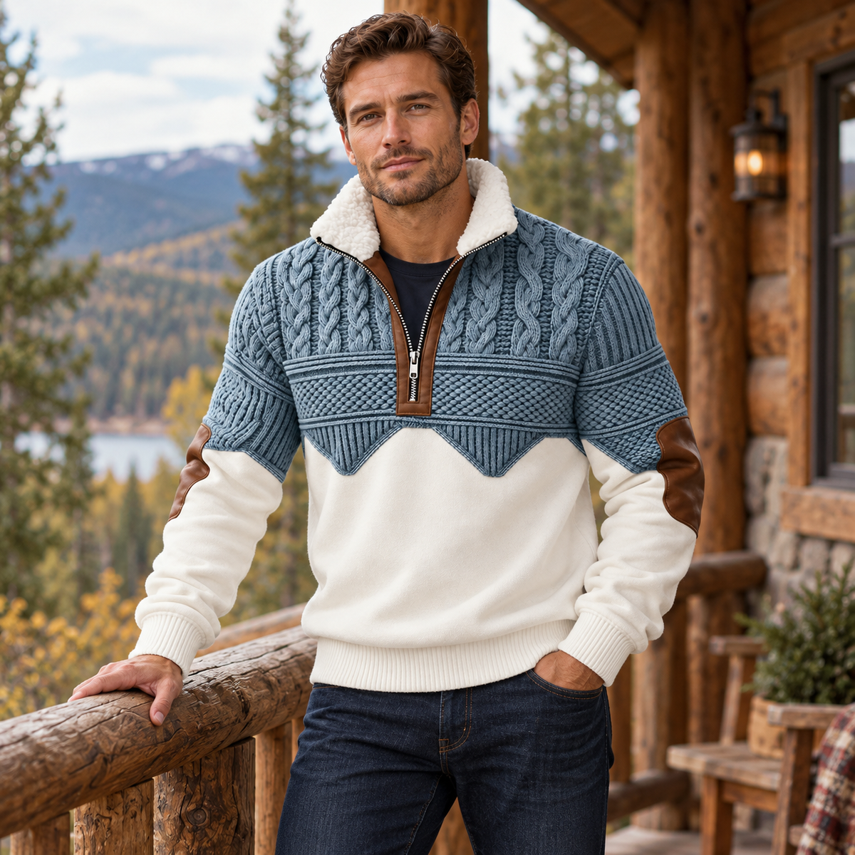 Men's Colorblock Cable Knit Half-Zip Sweater