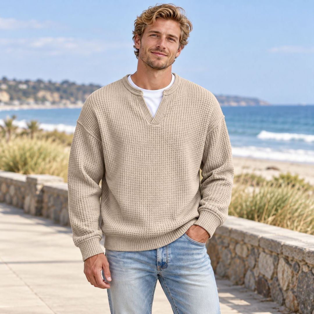Men’s Waffle Knit Notch-Neck Pullover Sweater