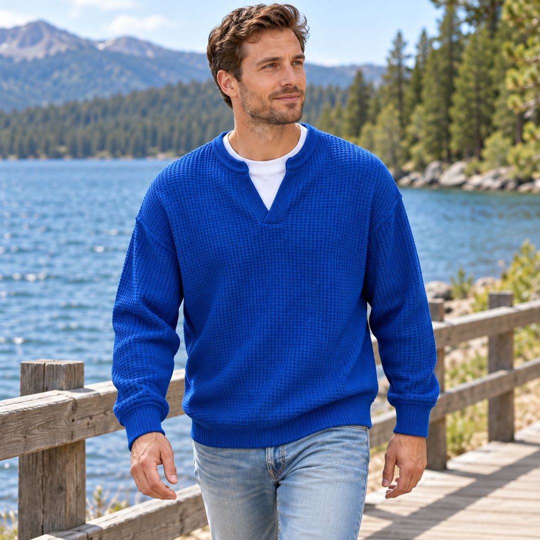 Men’s Waffle Knit Notch-Neck Pullover Sweater