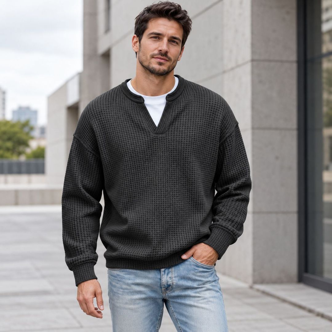 Men’s Waffle Knit Notch-Neck Pullover Sweater