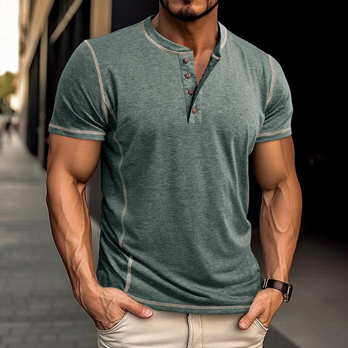 Herren Atmungsaktives Kurzarm-Henley-Shirt mit schmaler Passform