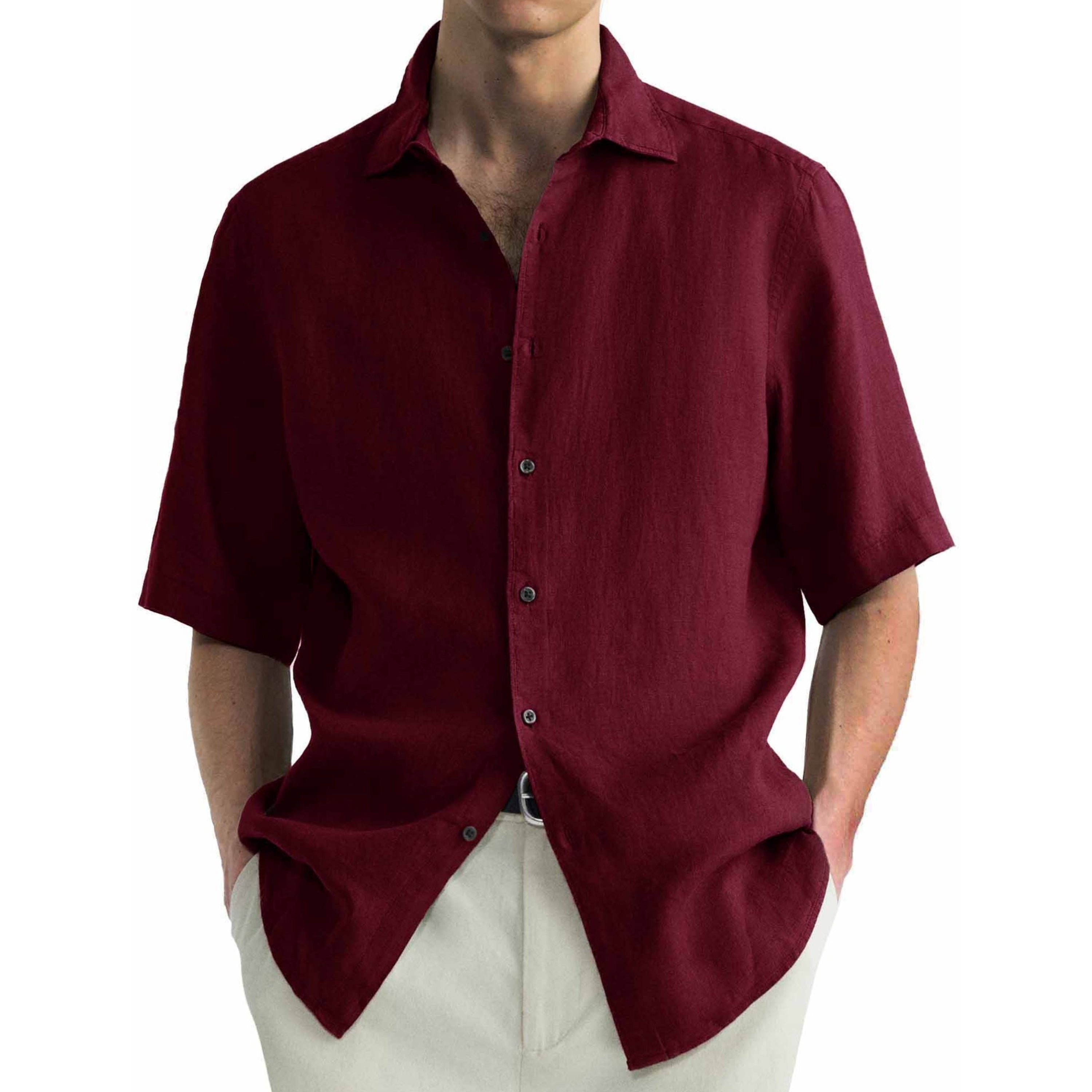 Maroon short-sleeve shirt worn by a person on a white background.