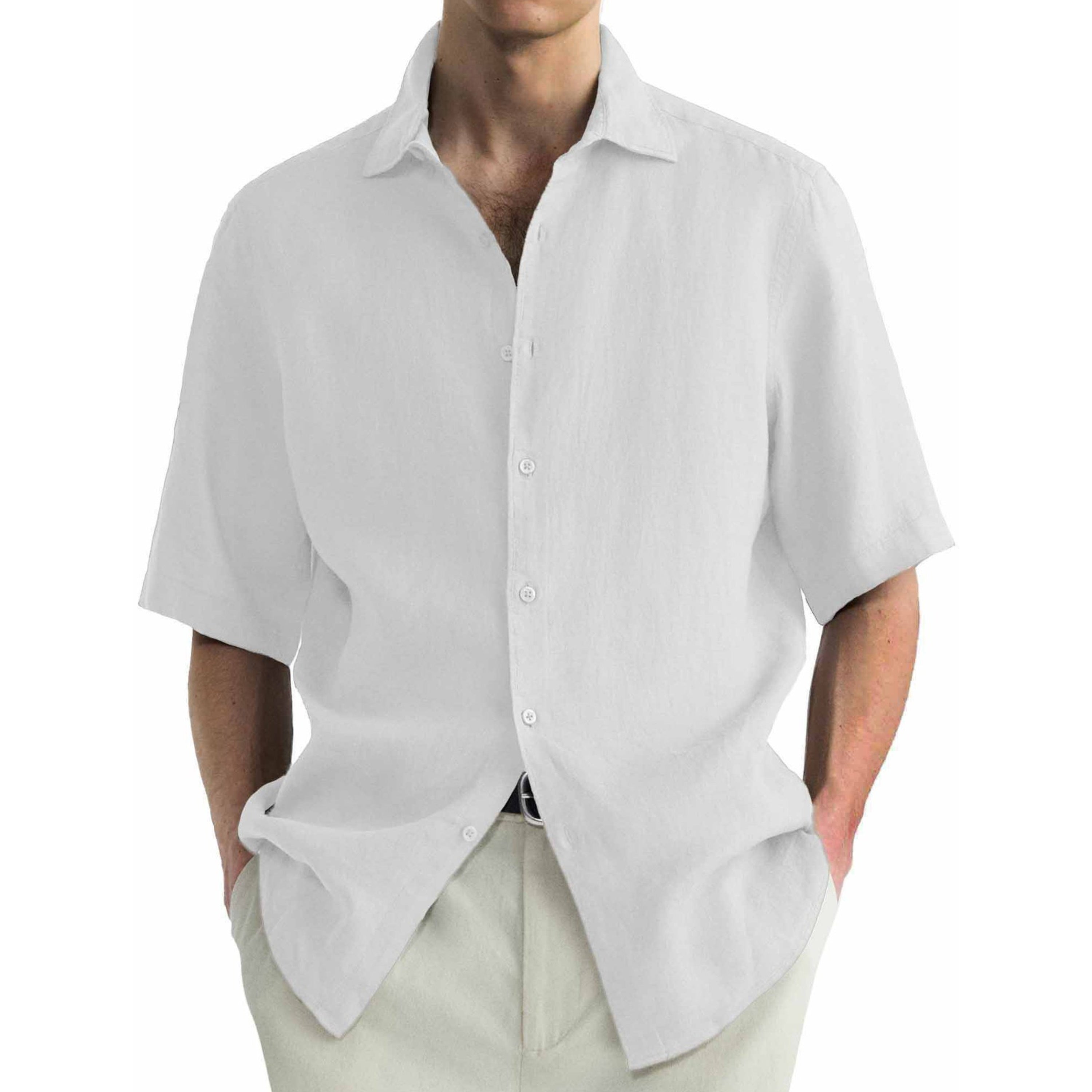 White short-sleeve button-up shirt worn by a person on a plain background