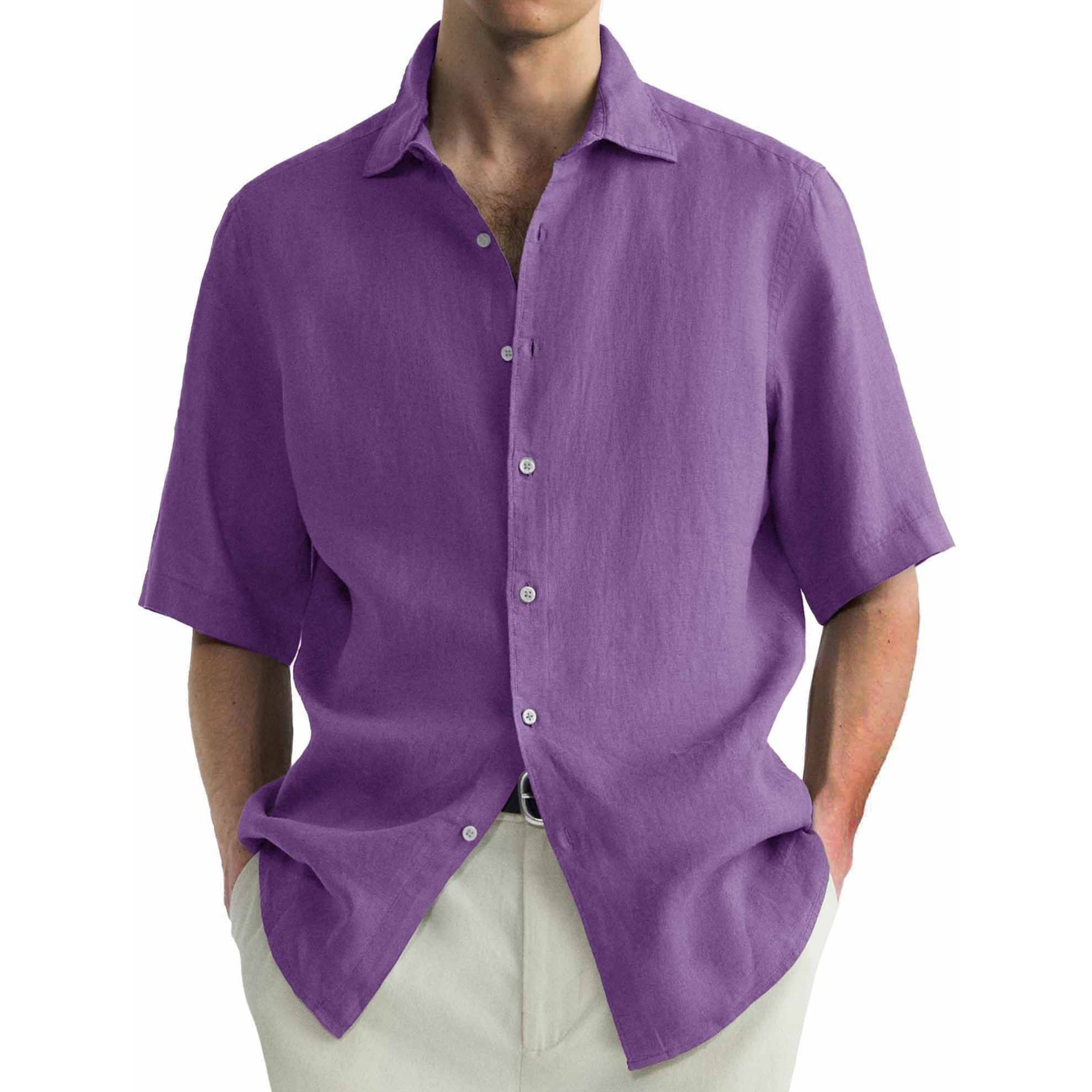 Purple short-sleeve shirt worn by a person on a white background.