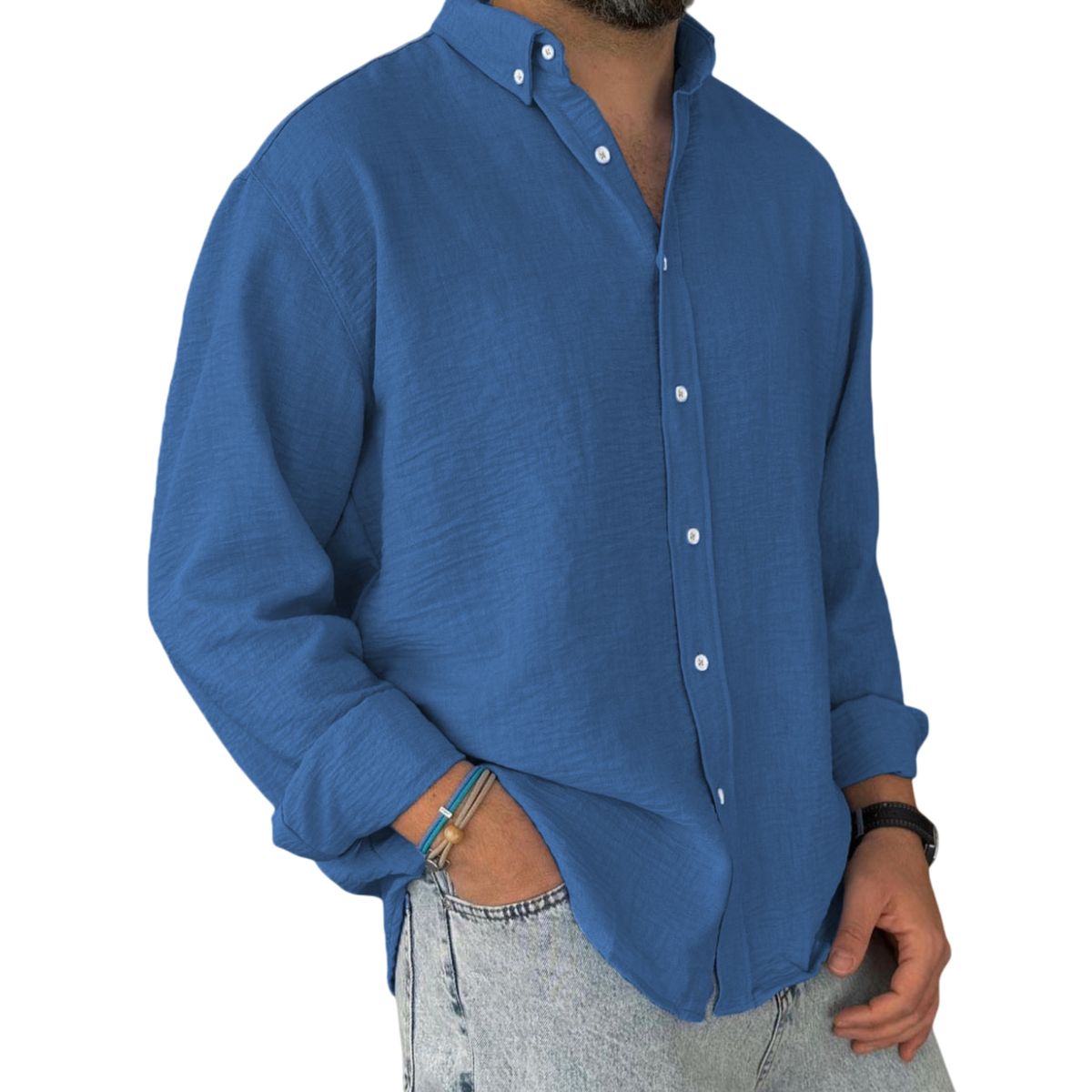 Man wearing a blue button-up shirt on a white background