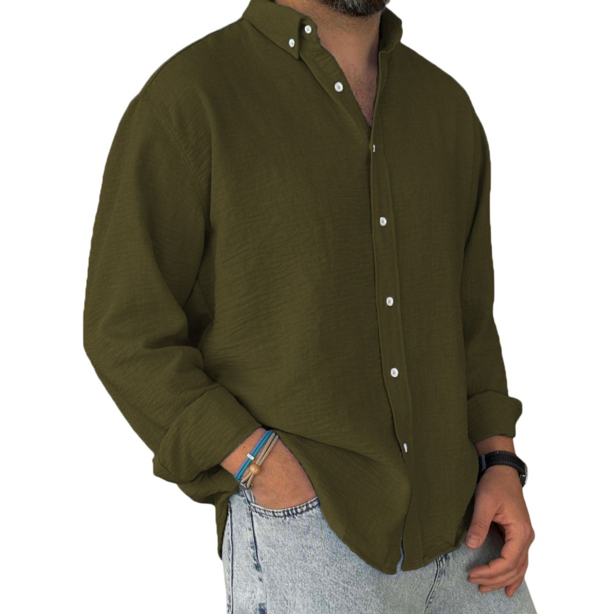 Man wearing an olive green button-up shirt on a white background