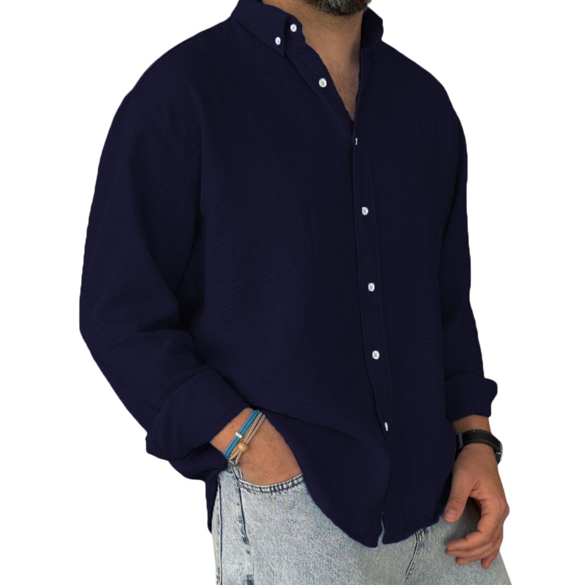 Navy blue button-up shirt worn by a person on a white background