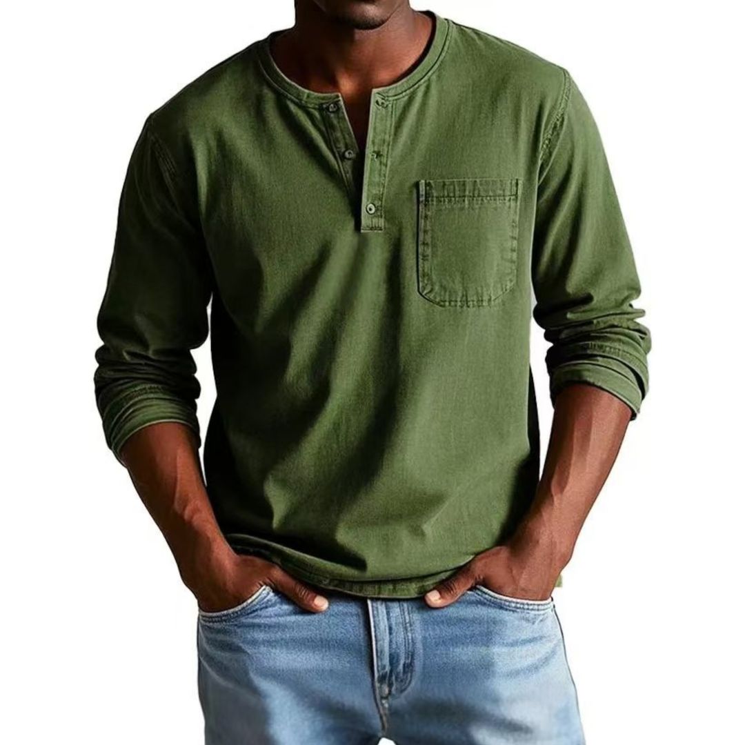 T-shirt Henley Décontracté Homme à Manches Longues Teint en Pièce