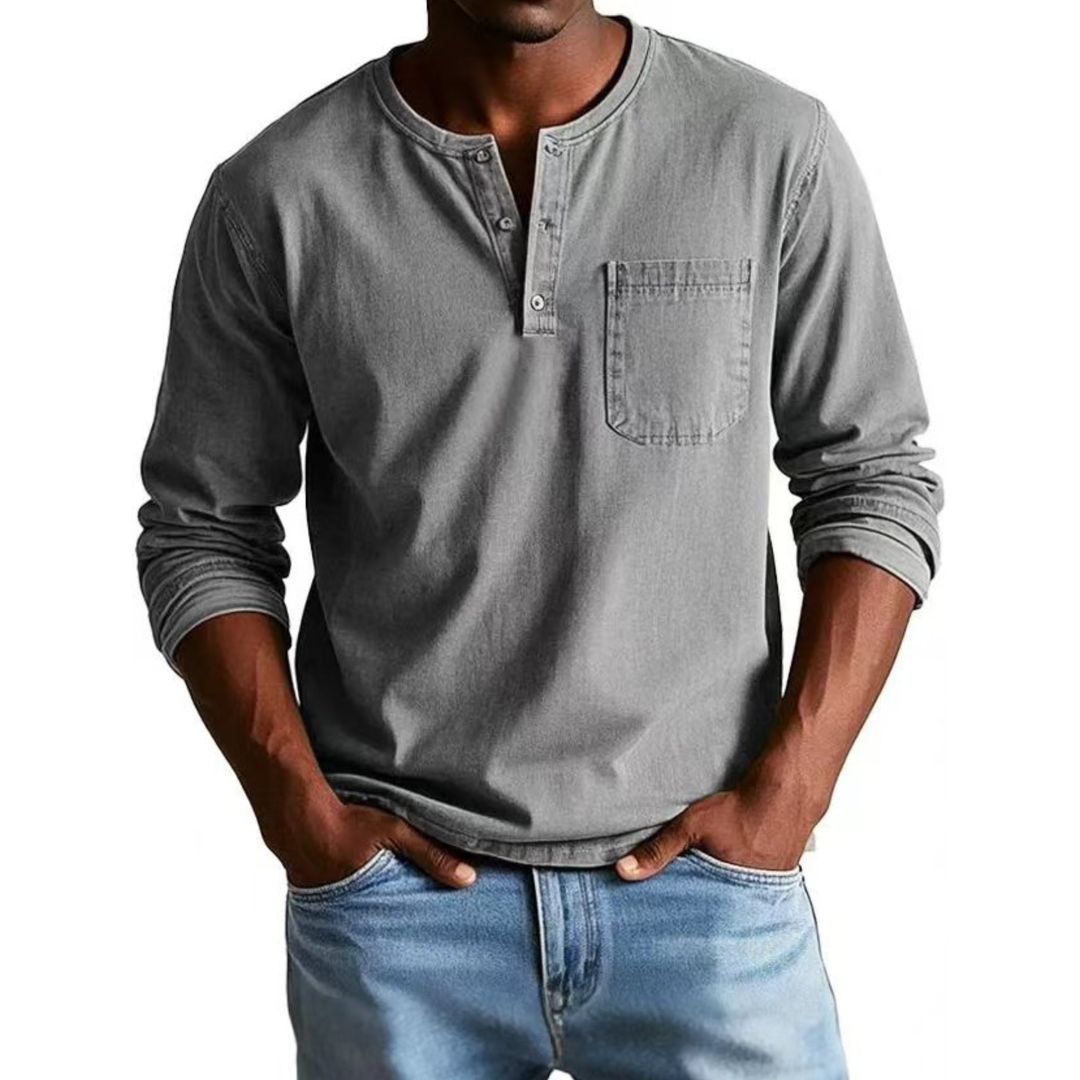 T-shirt Henley Décontracté Homme à Manches Longues Teint en Pièce