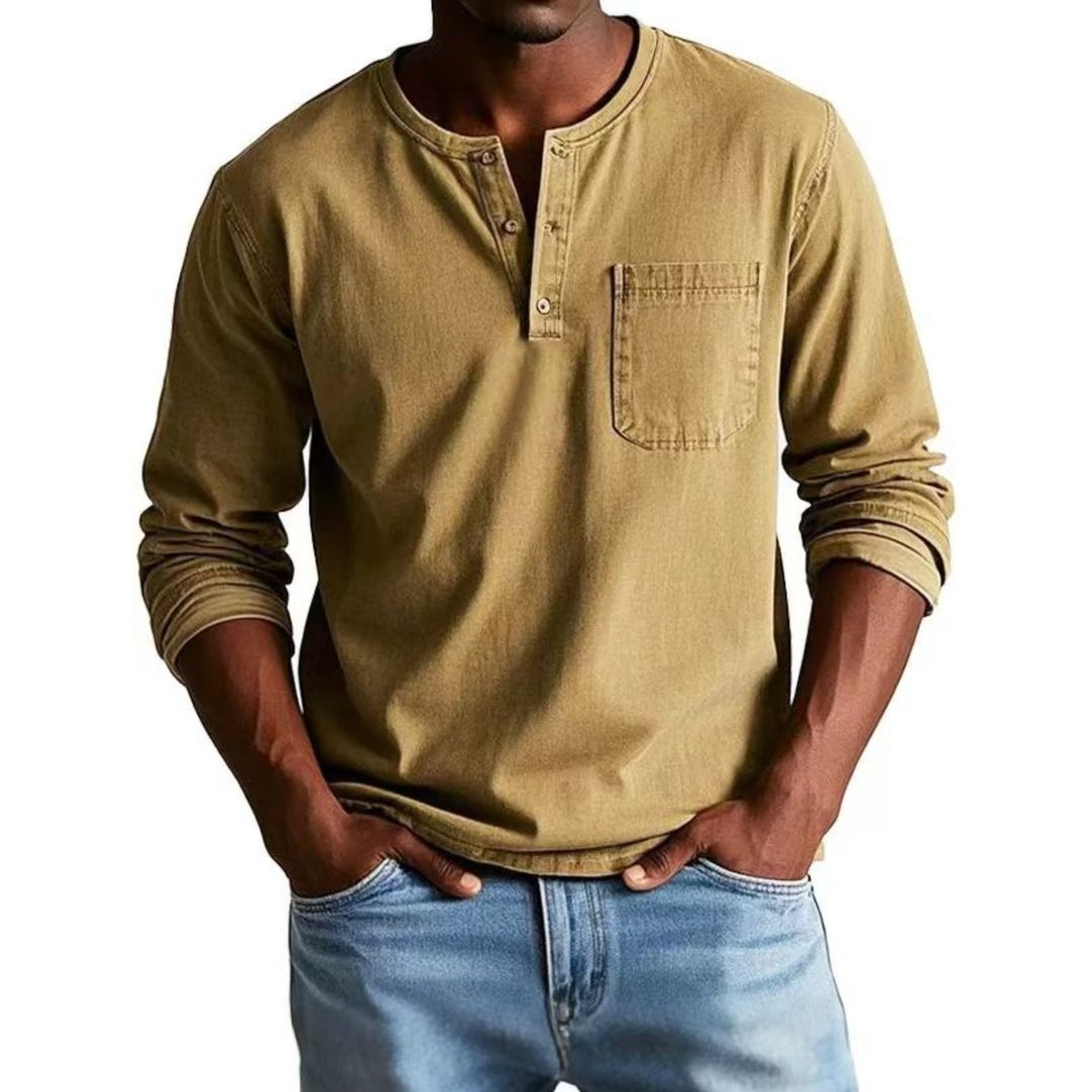 T-shirt Henley Décontracté Homme à Manches Longues Teint en Pièce