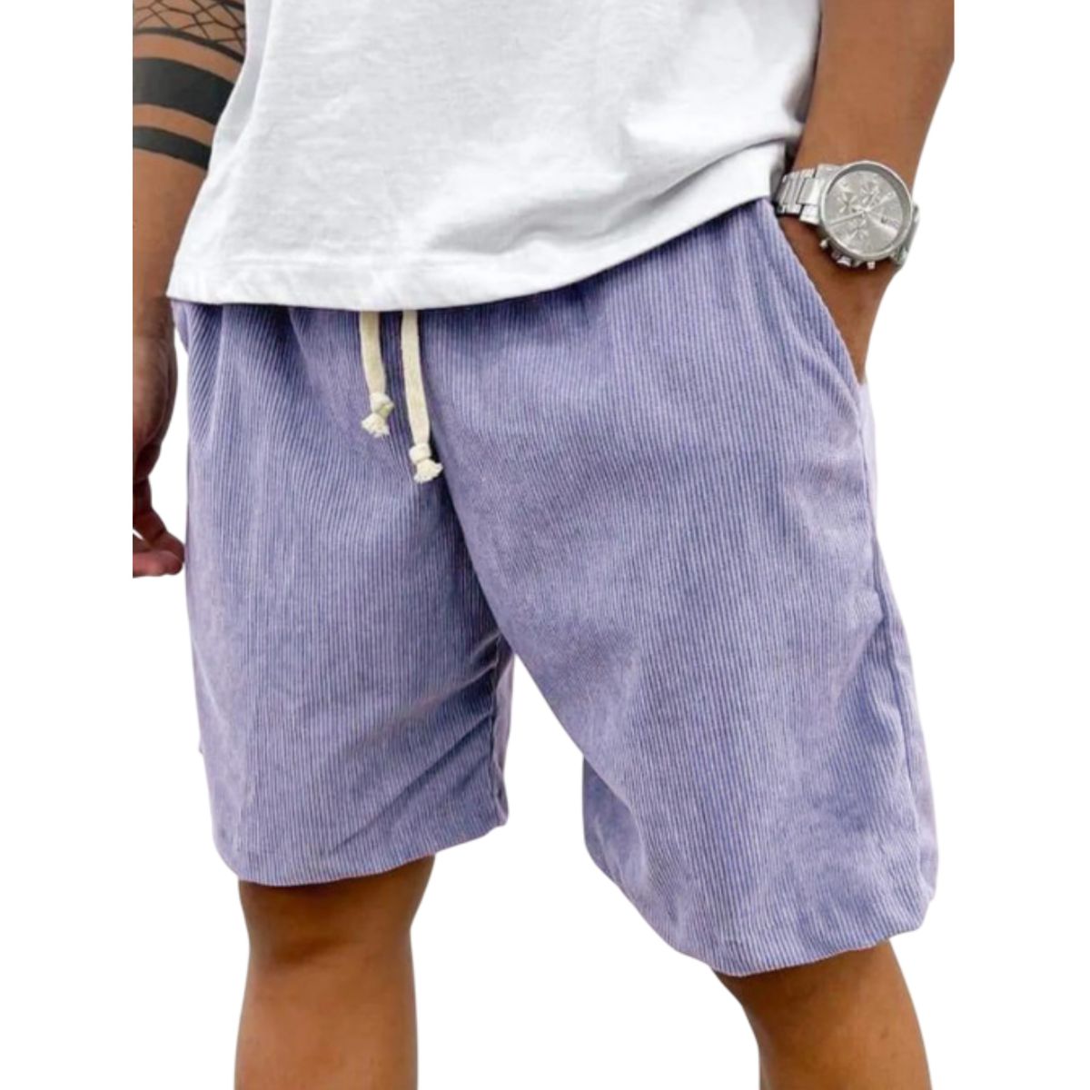 Person wearing blue striped shorts with a white background