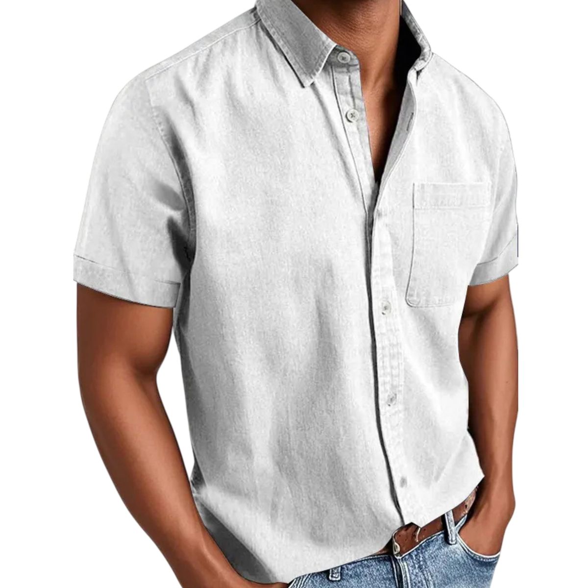 Man wearing a light gray short-sleeve button-up shirt on a white background
