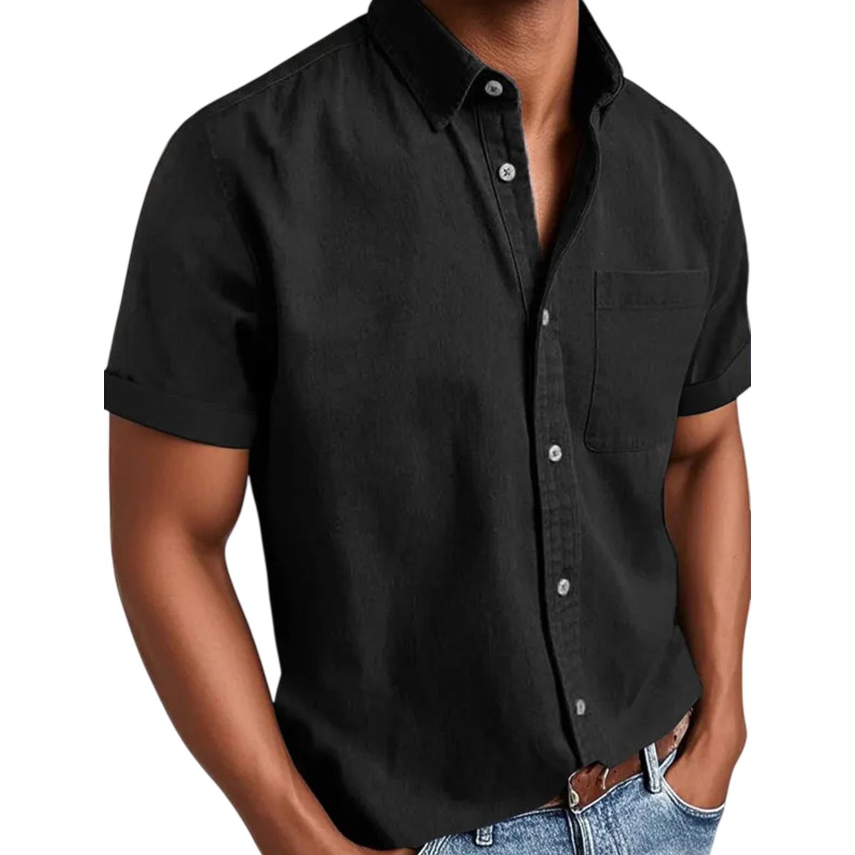 Black short-sleeve button-up shirt worn by a person on a white background