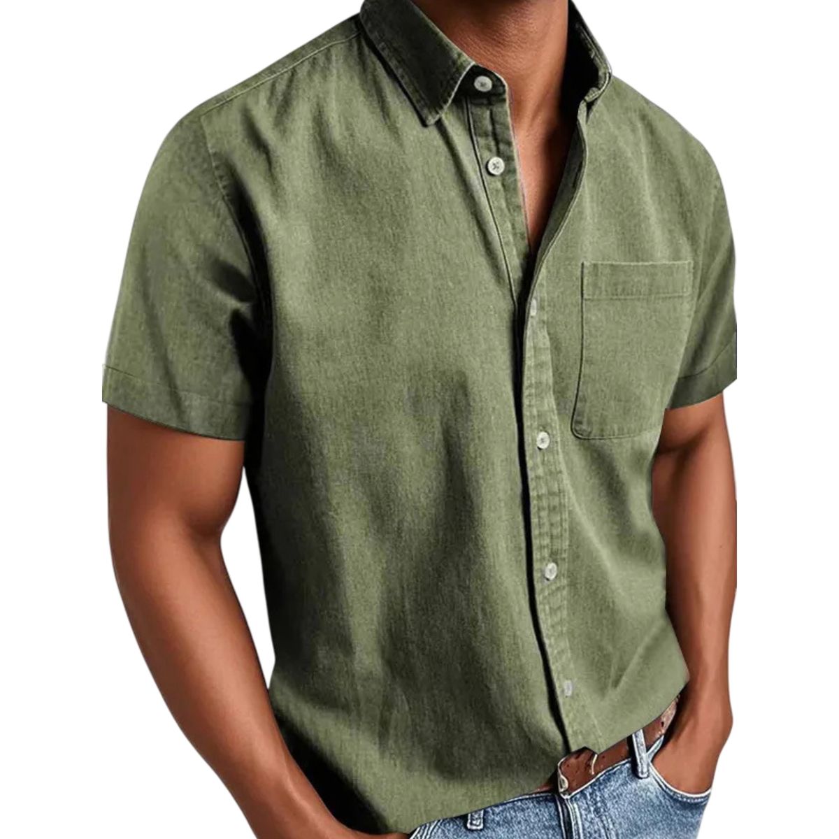 Green short-sleeve shirt worn by a person on a white background