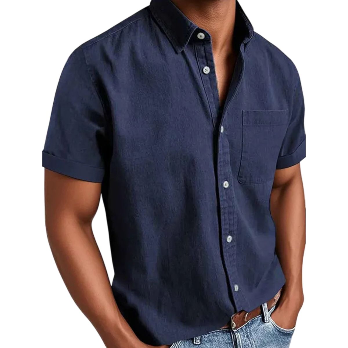 Navy blue short-sleeve button-up shirt worn by a person on a white background
