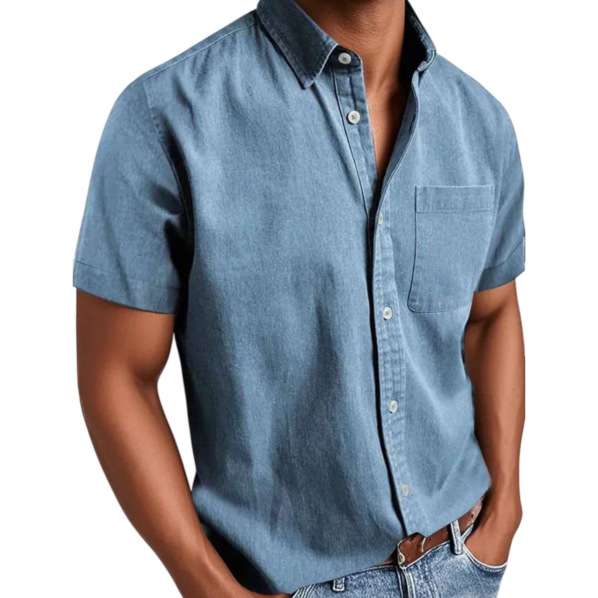 Man wearing a light blue denim shirt on a white background