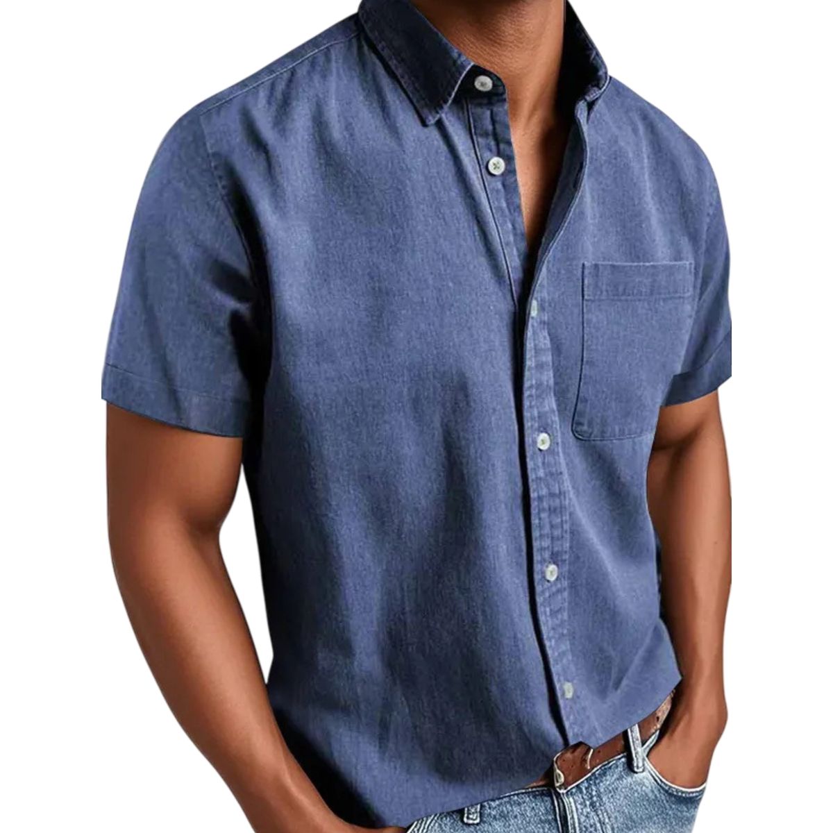 Man wearing a blue denim shirt on a white background