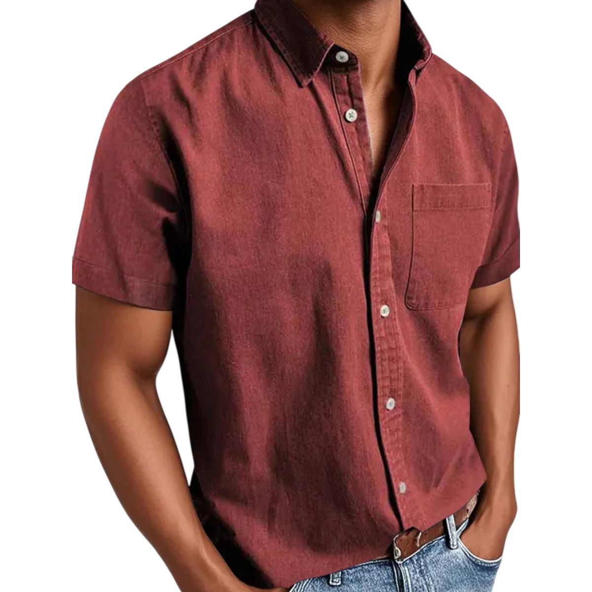 Red short-sleeve shirt worn by a person on a white background