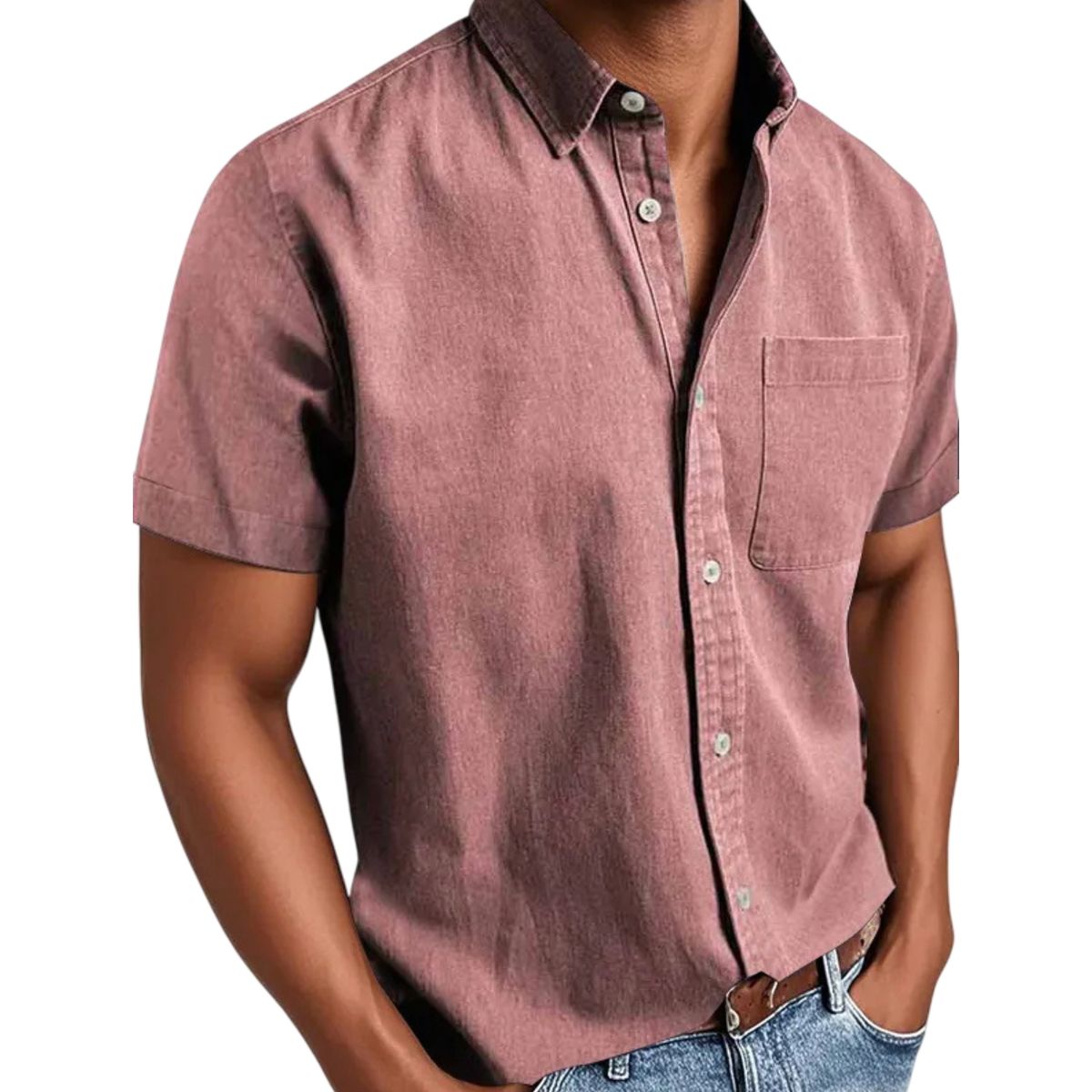 Mauve short-sleeve button-up shirt worn by a person on a white background