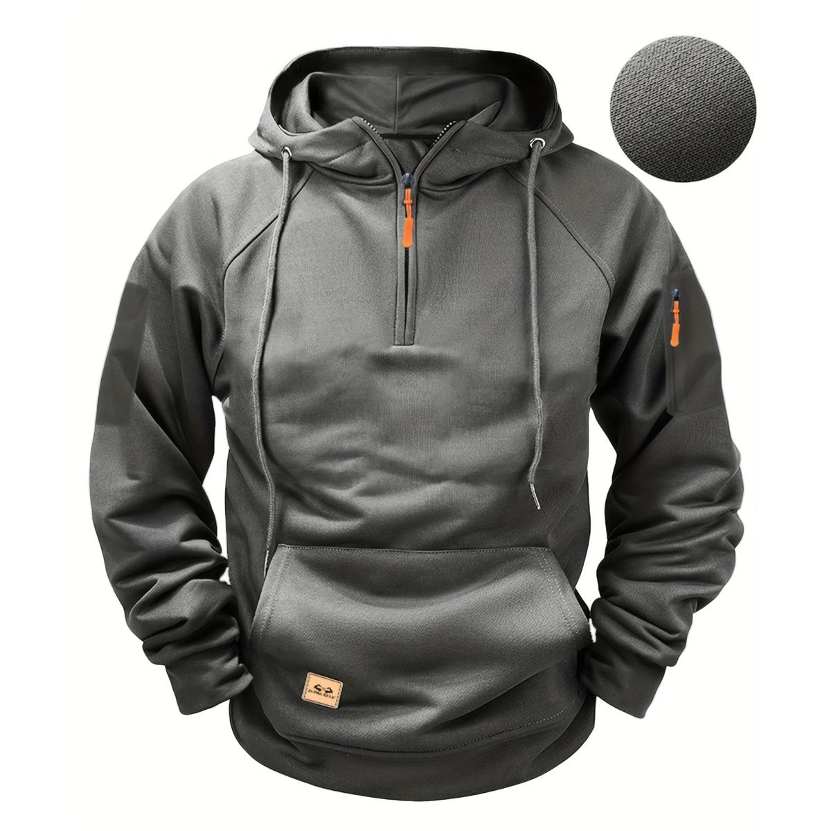 Gray hoodie with orange zippers on a white background