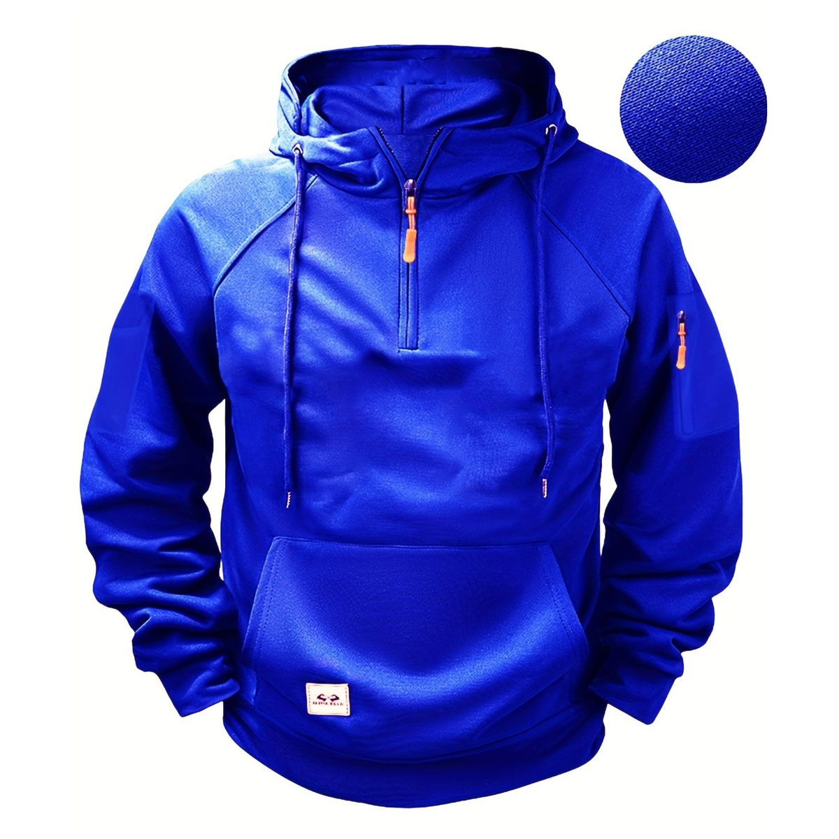 Blue hoodie with a close-up of the fabric texture on a white background
