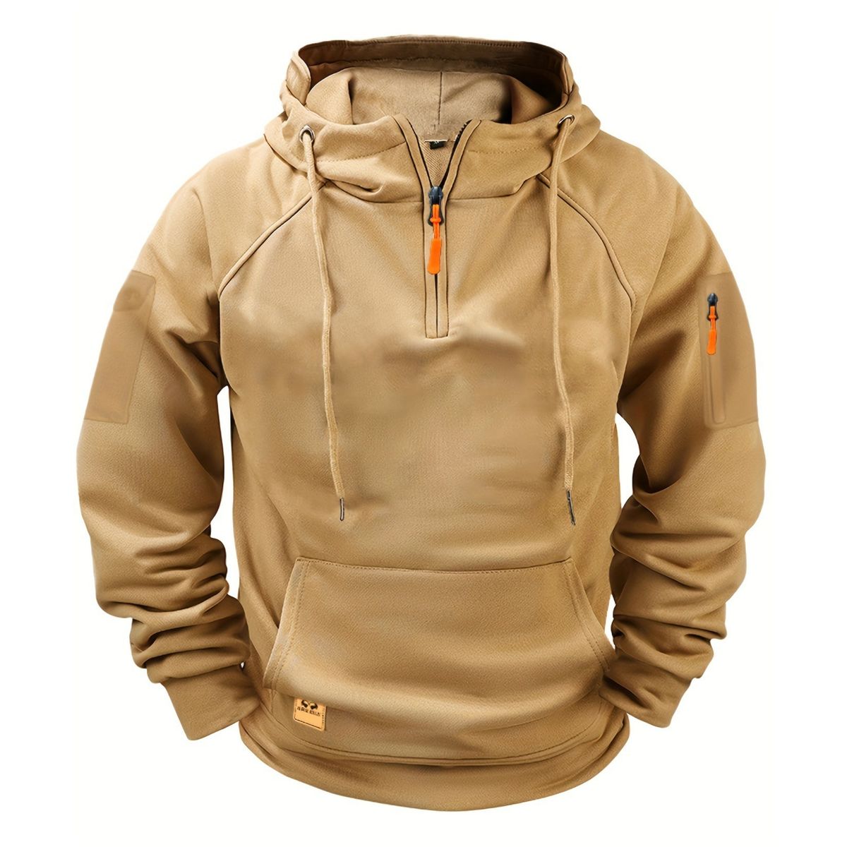 Tan hoodie with a zipper on a white background