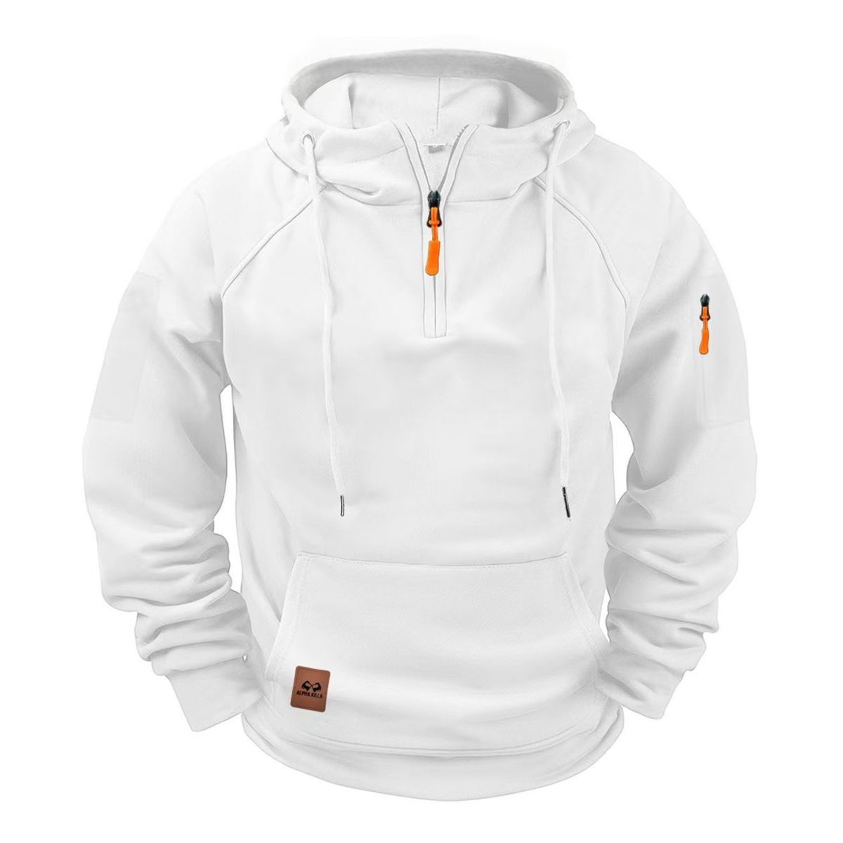 White hoodie with orange zipper pull and brown patch on a white background