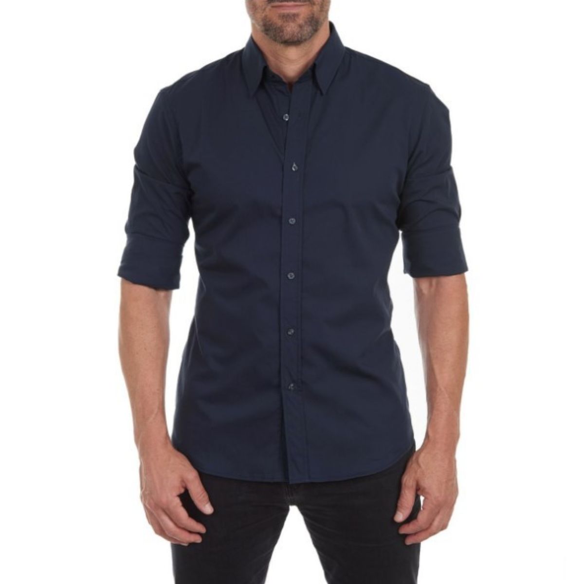Man wearing a navy blue button-up shirt on a white background