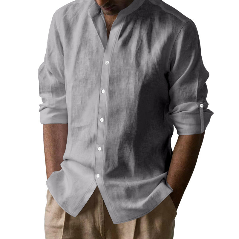 Men’s Linen Blend Band Long Sleeve Collar Shirt