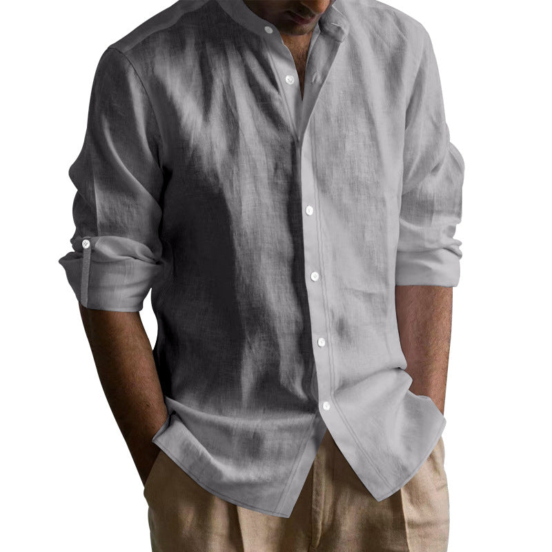 Men’s Linen Blend Band Long Sleeve Collar Shirt