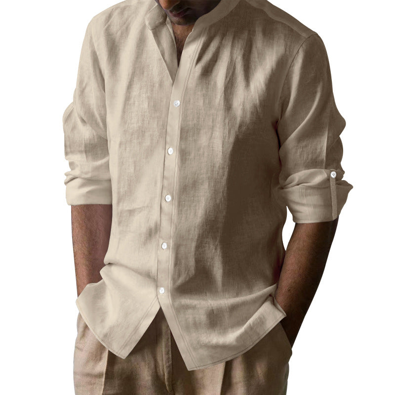 Men’s Linen Blend Band Long Sleeve Collar Shirt