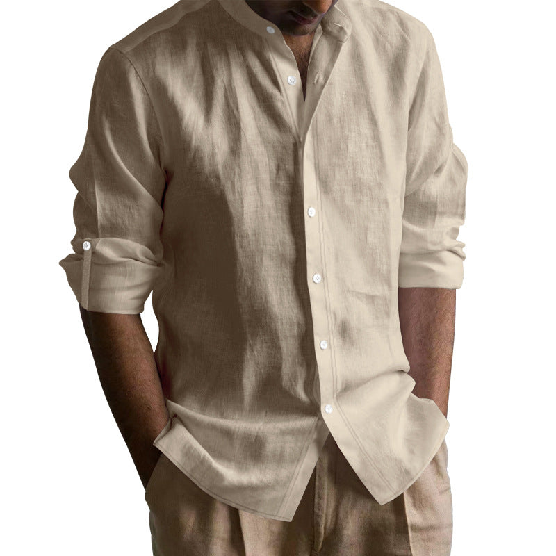 Men’s Linen Blend Band Long Sleeve Collar Shirt