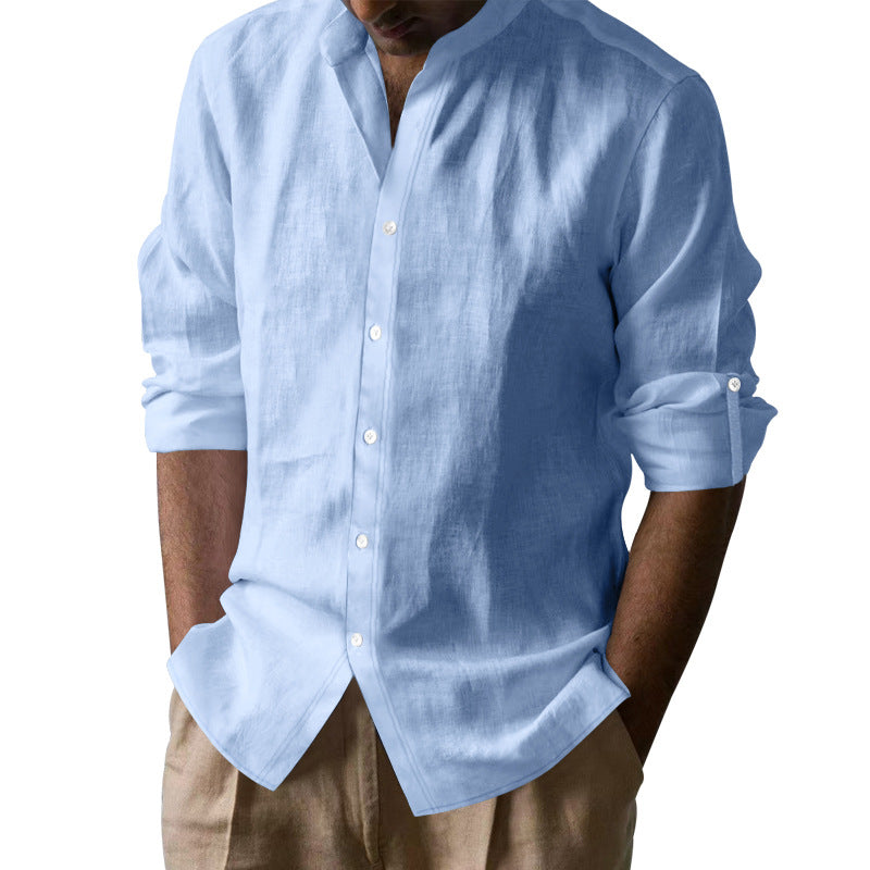 Men’s Linen Blend Band Long Sleeve Collar Shirt