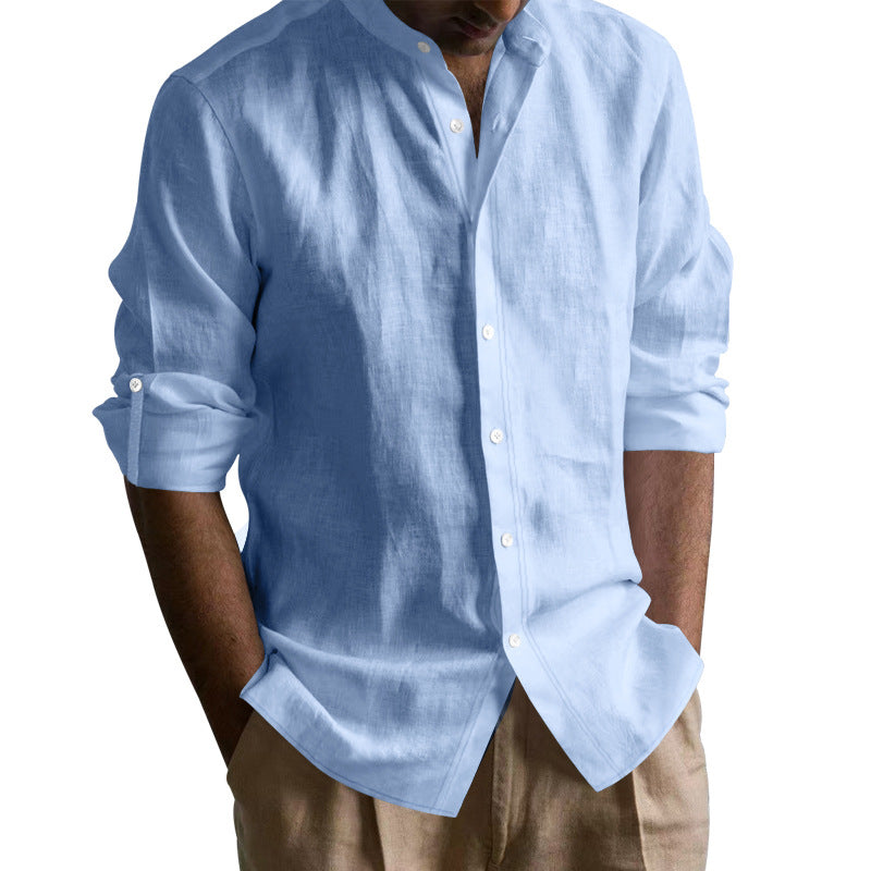 Men’s Linen Blend Band Long Sleeve Collar Shirt