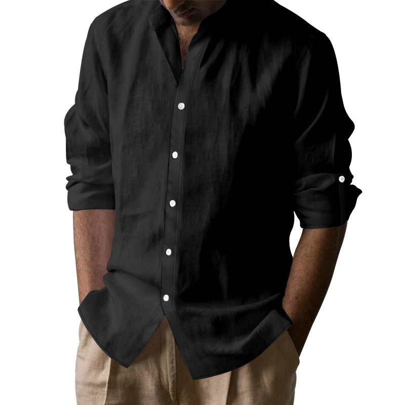 Men’s Linen Blend Band Long Sleeve Collar Shirt