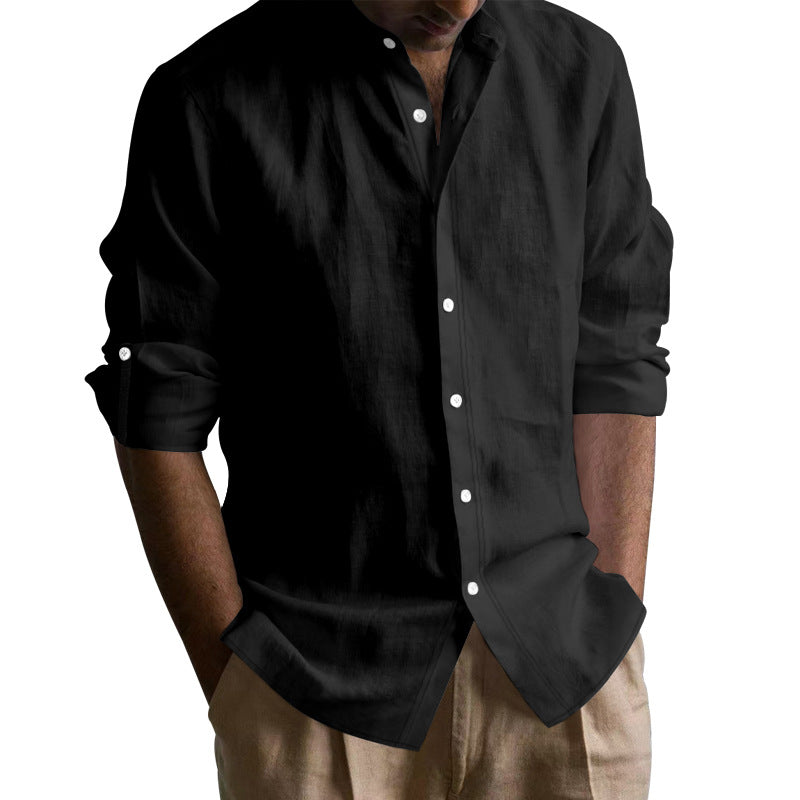 Men’s Linen Blend Band Long Sleeve Collar Shirt